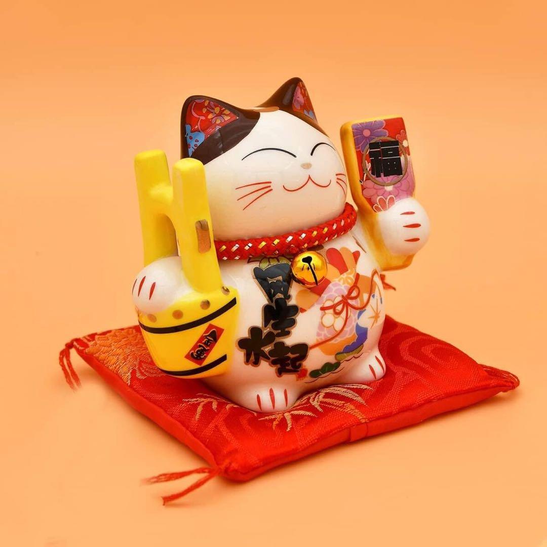 座布団付き　 風生水起 招き猫 貯金箱 インテリア 置物 オブジェ 金運アップ