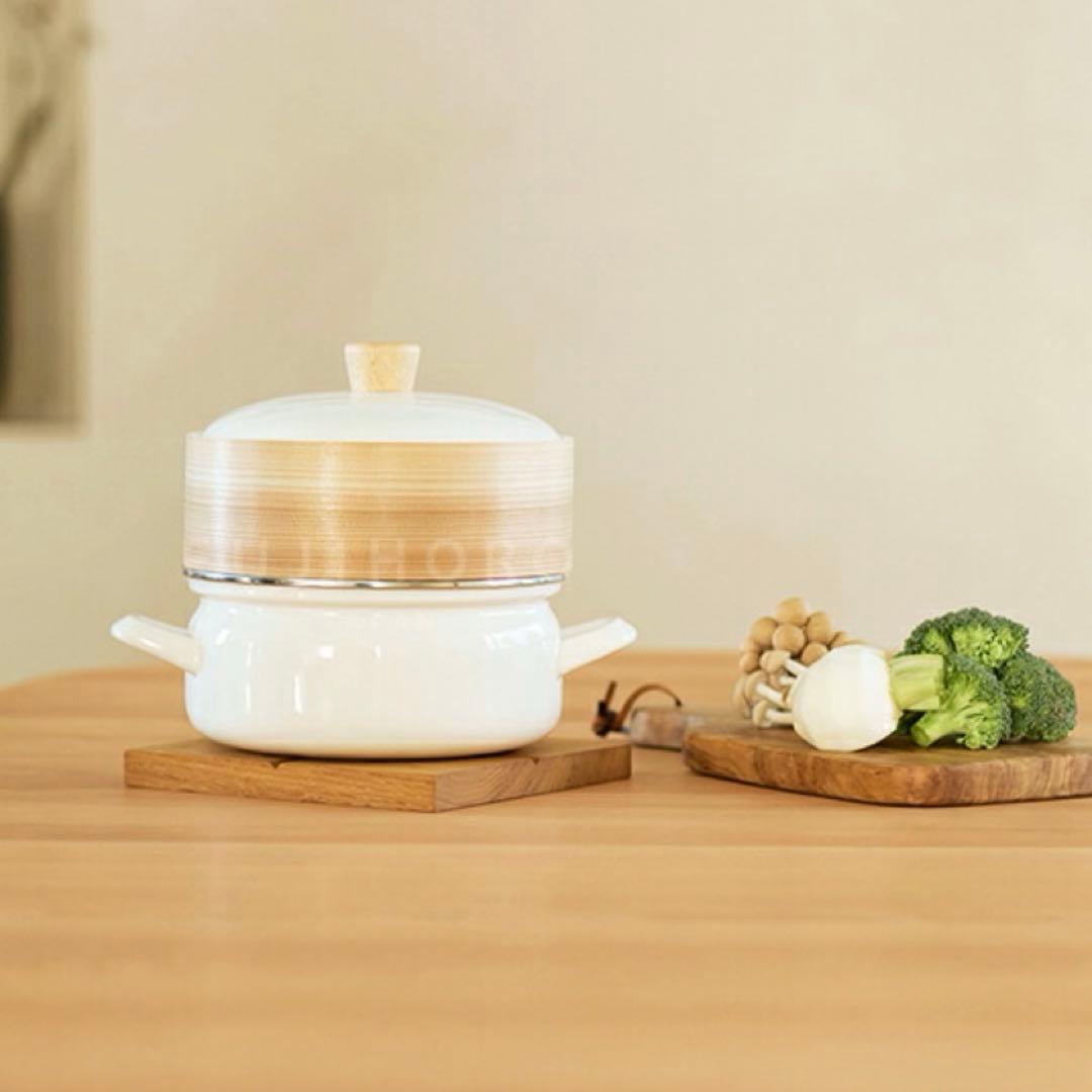 新品未使用品　富士ホーローせいろ付きホーロー鍋18cm ホワイト