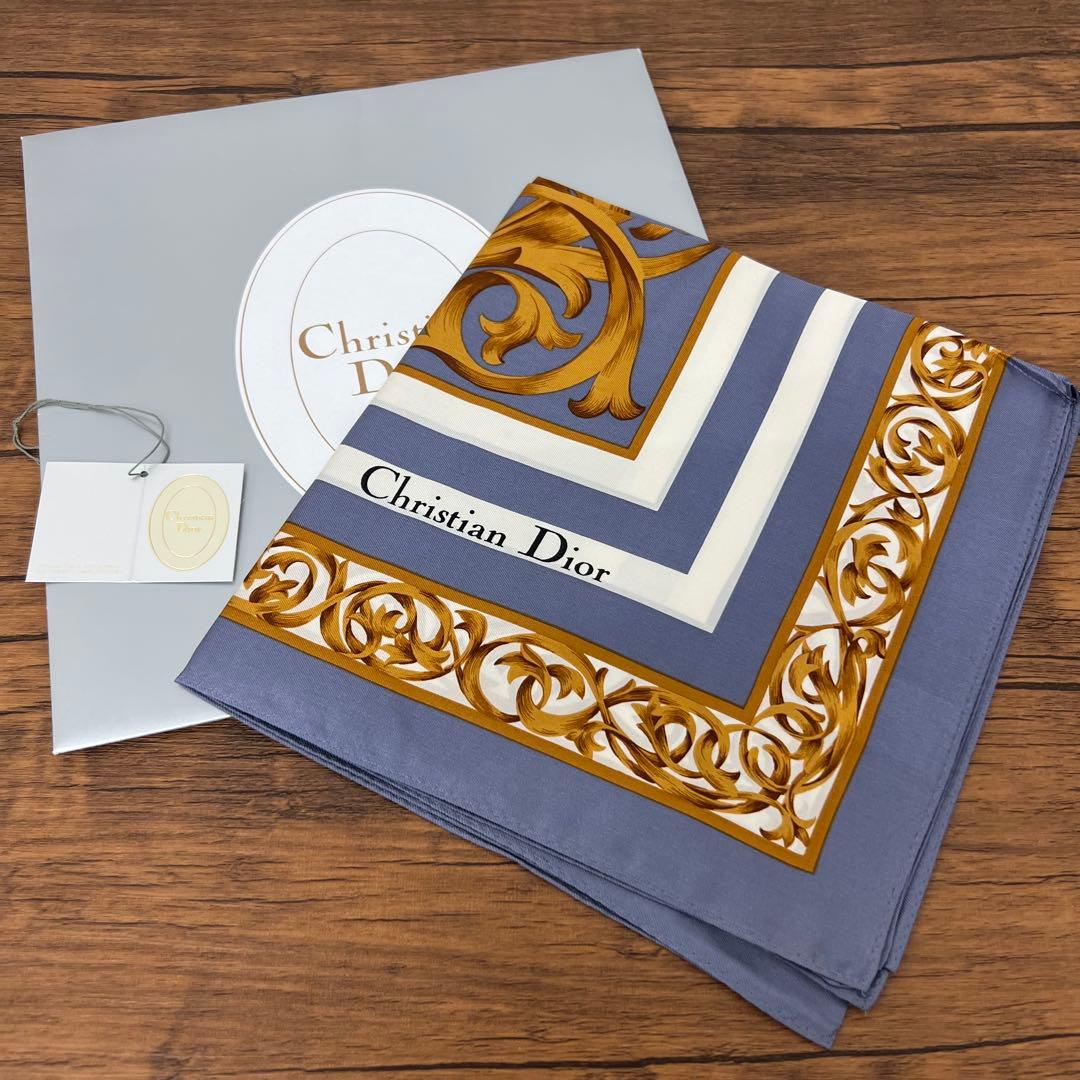 【Y】Dior ディオール シルク スカーフ ブルー ゴールド
