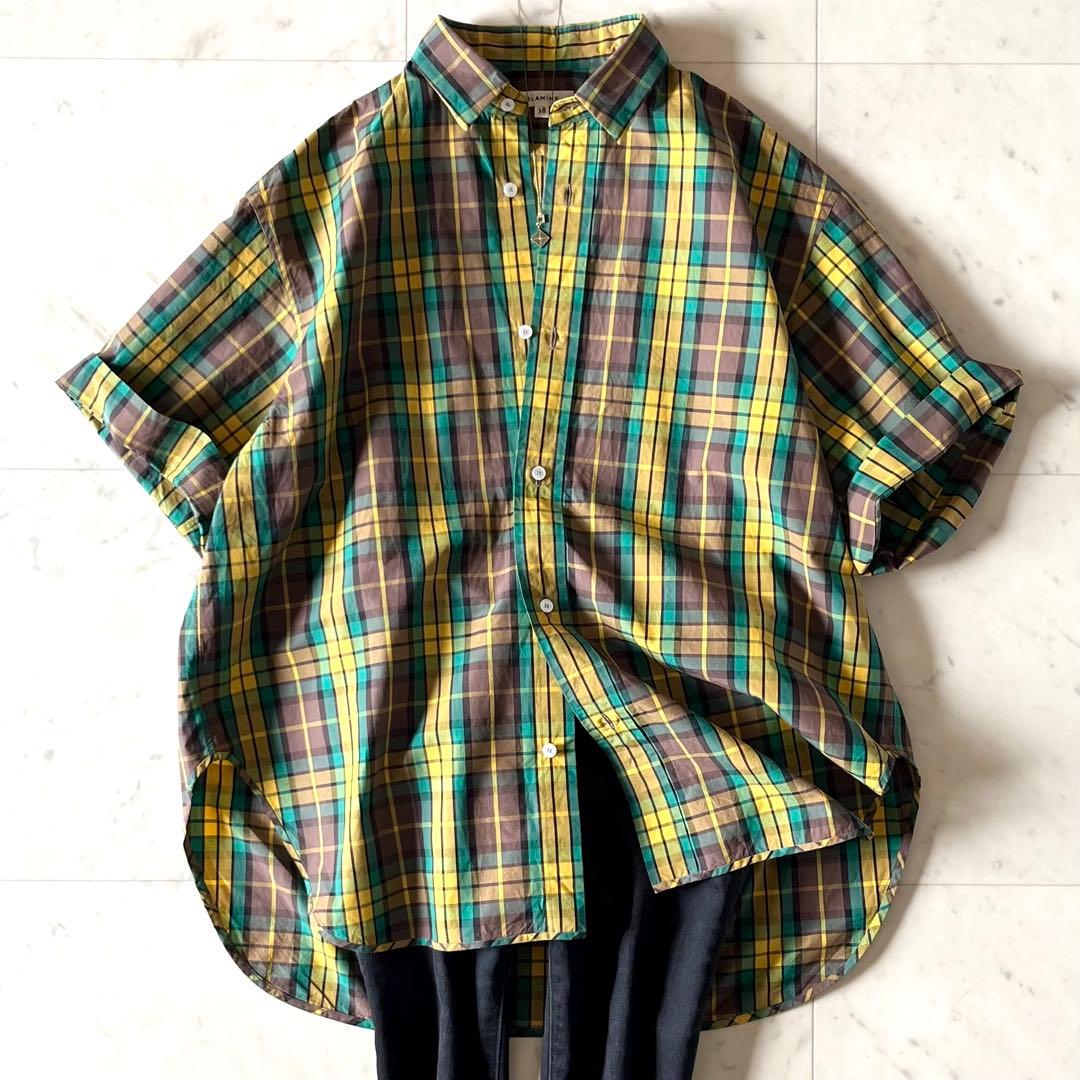 定価7,5万＊極美品 ブラミンク コットンチェック半袖シャツ 38 黄×緑系