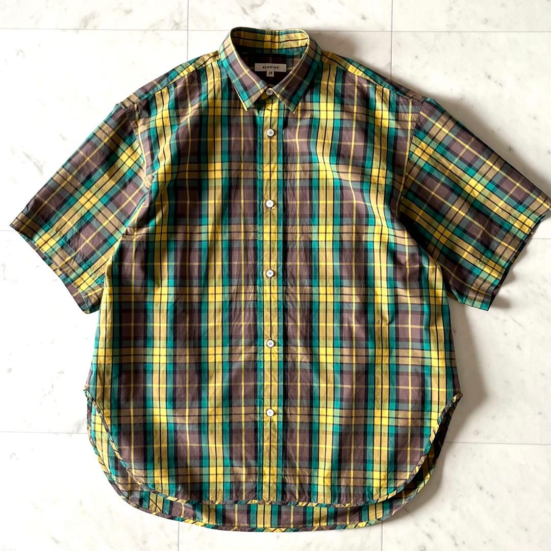 定価7,5万＊極美品 ブラミンク コットンチェック半袖シャツ 38 黄×緑系