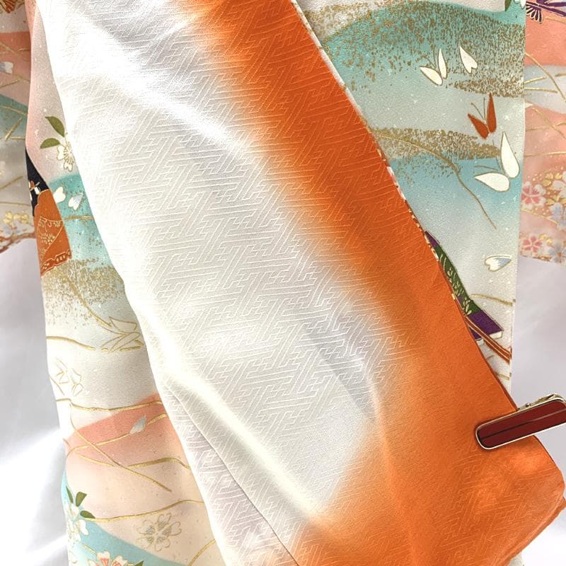 408ag43□七五三 七歳 女児 着物&開き帯＆長襦袢 金彩 扇 桜□状態良好