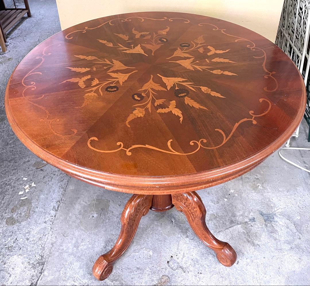 丸テーブル ダイニングテーブル アンティーク 彫刻 猫脚 イタリー 象嵌
