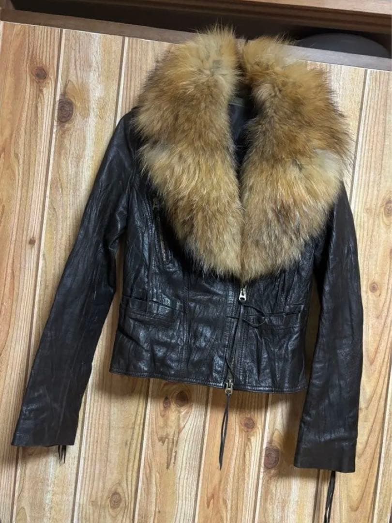 goa 本革レザーライダースジャケット　フォックスファー　ダークブラウン　ゴア