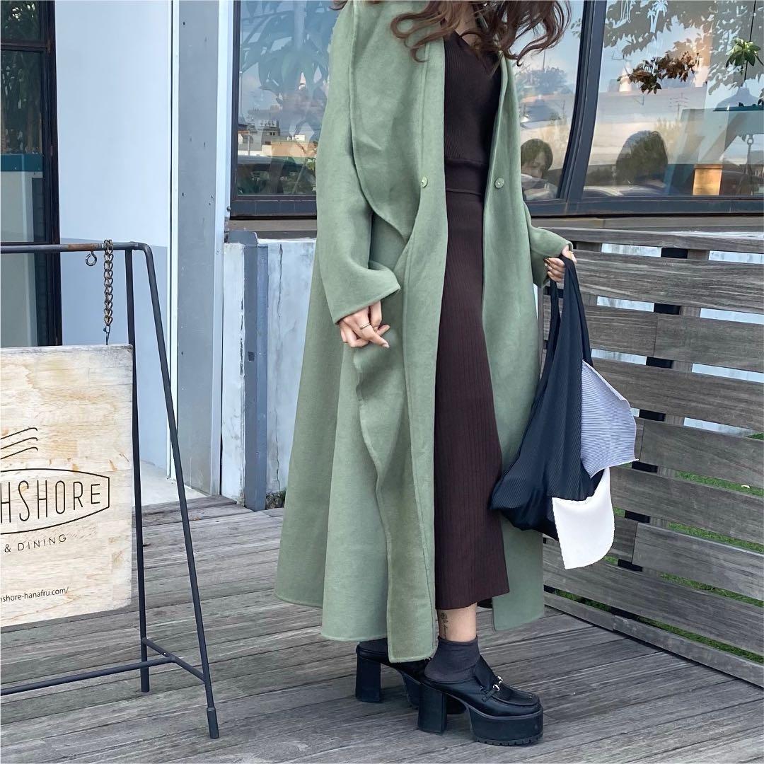 ameri ノーカラーコート(ベルト付き)