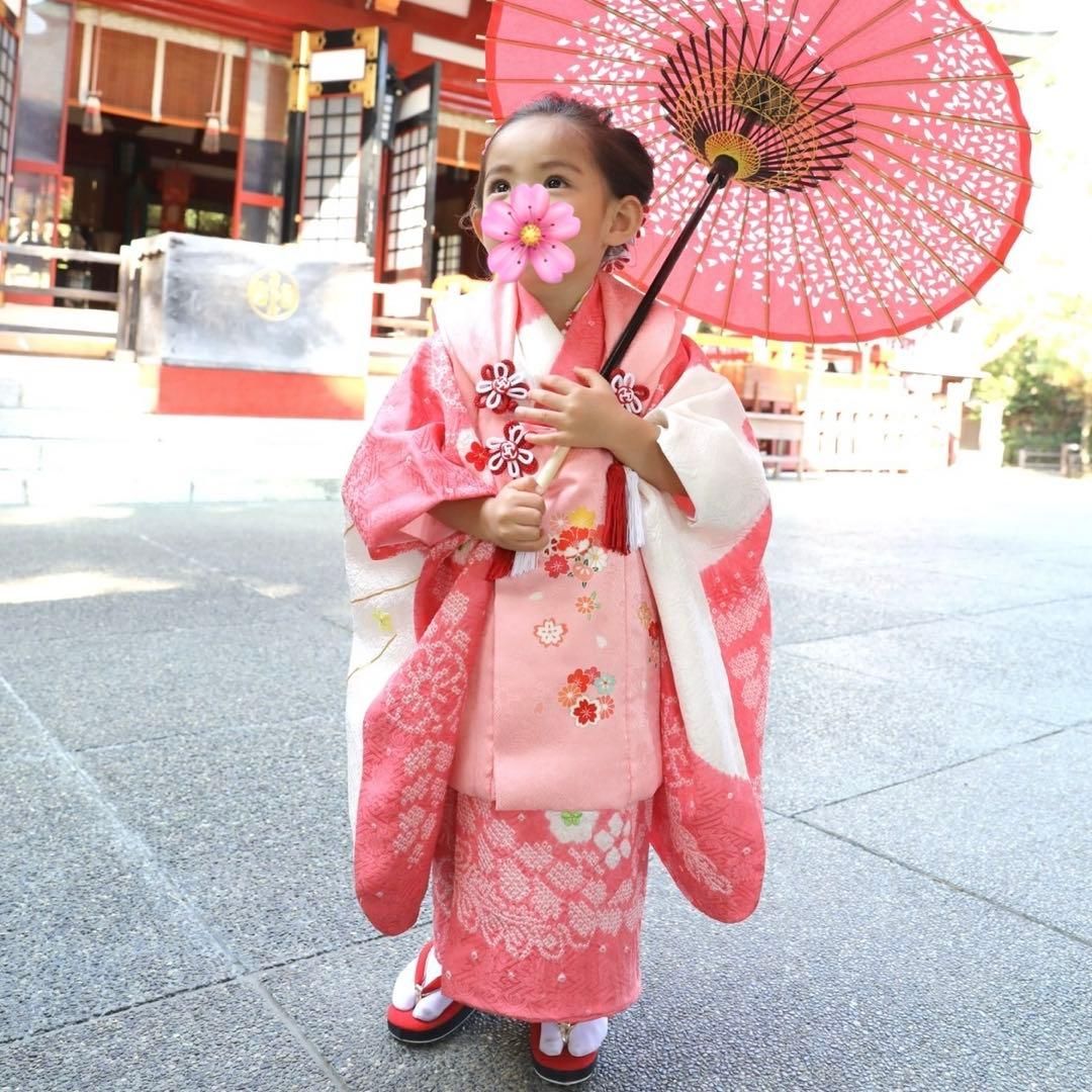 女の子七五三♡3歳♡ピンク 花柄刺繍 正絹高級お着物フルセット