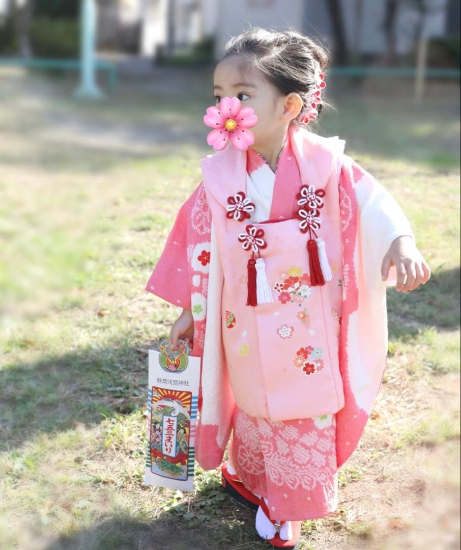 女の子七五三♡3歳♡ピンク 花柄刺繍 正絹高級お着物フルセット