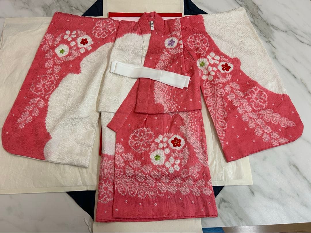 女の子七五三♡3歳♡ピンク 花柄刺繍 正絹高級お着物フルセット