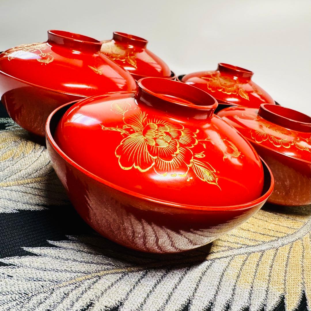 漆器　輪島塗　木製　蒔絵　蓋付椀　汁椀　5客　時代物