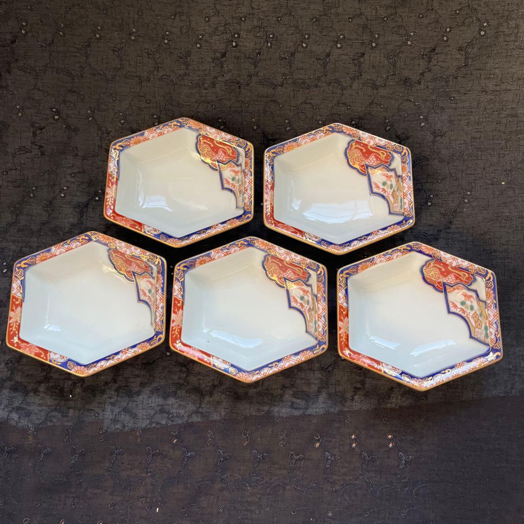 有田焼　其泉　染錦金彩　松竹梅鶴絵　高台　六角小鉢　小皿　5枚組