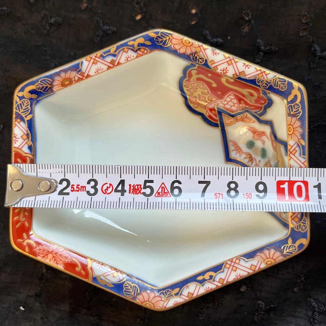 有田焼　其泉　染錦金彩　松竹梅鶴絵　高台　六角小鉢　小皿　5枚組