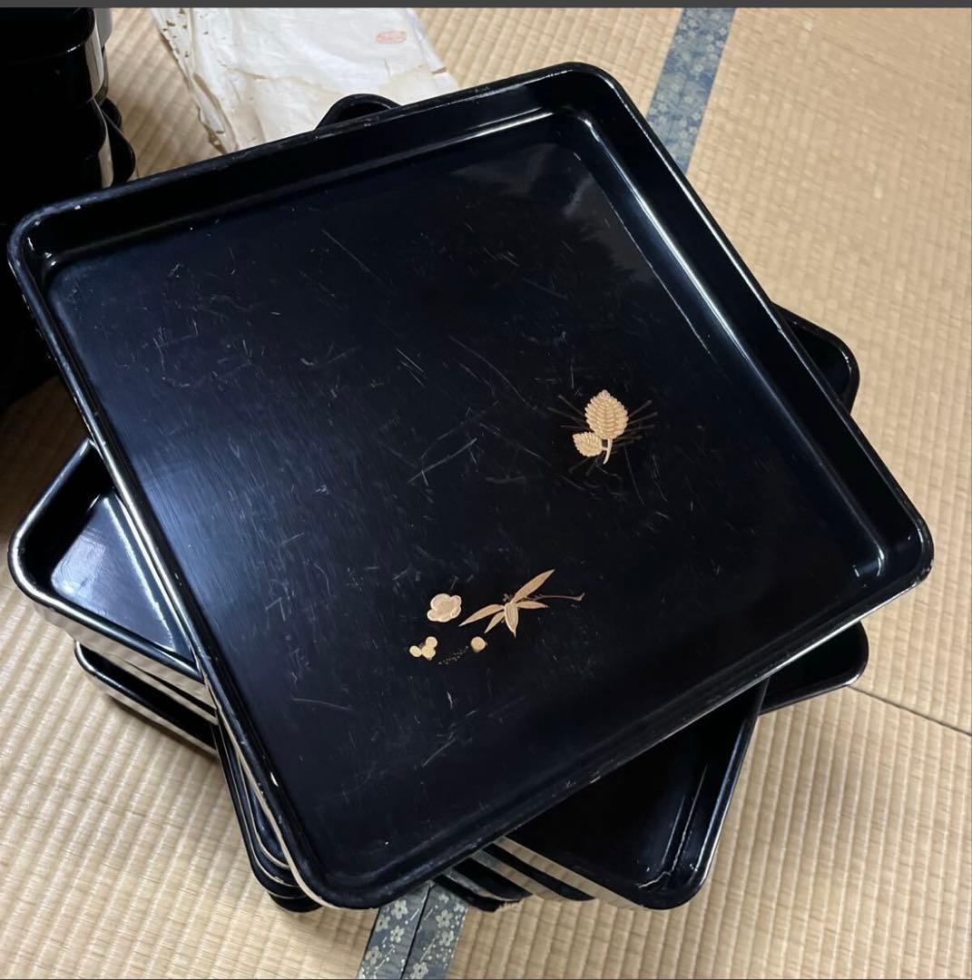 蔵出し品　松竹梅　懐石　漆器盆　会席　沈金？　２０枚　 黒塗 会席膳　奥有馬
