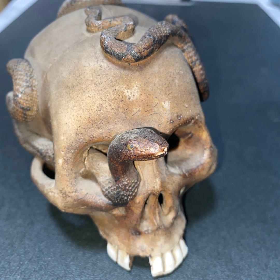 【珍品】ドクロ蛇髑髏　陶器製スカル置物 約10cm