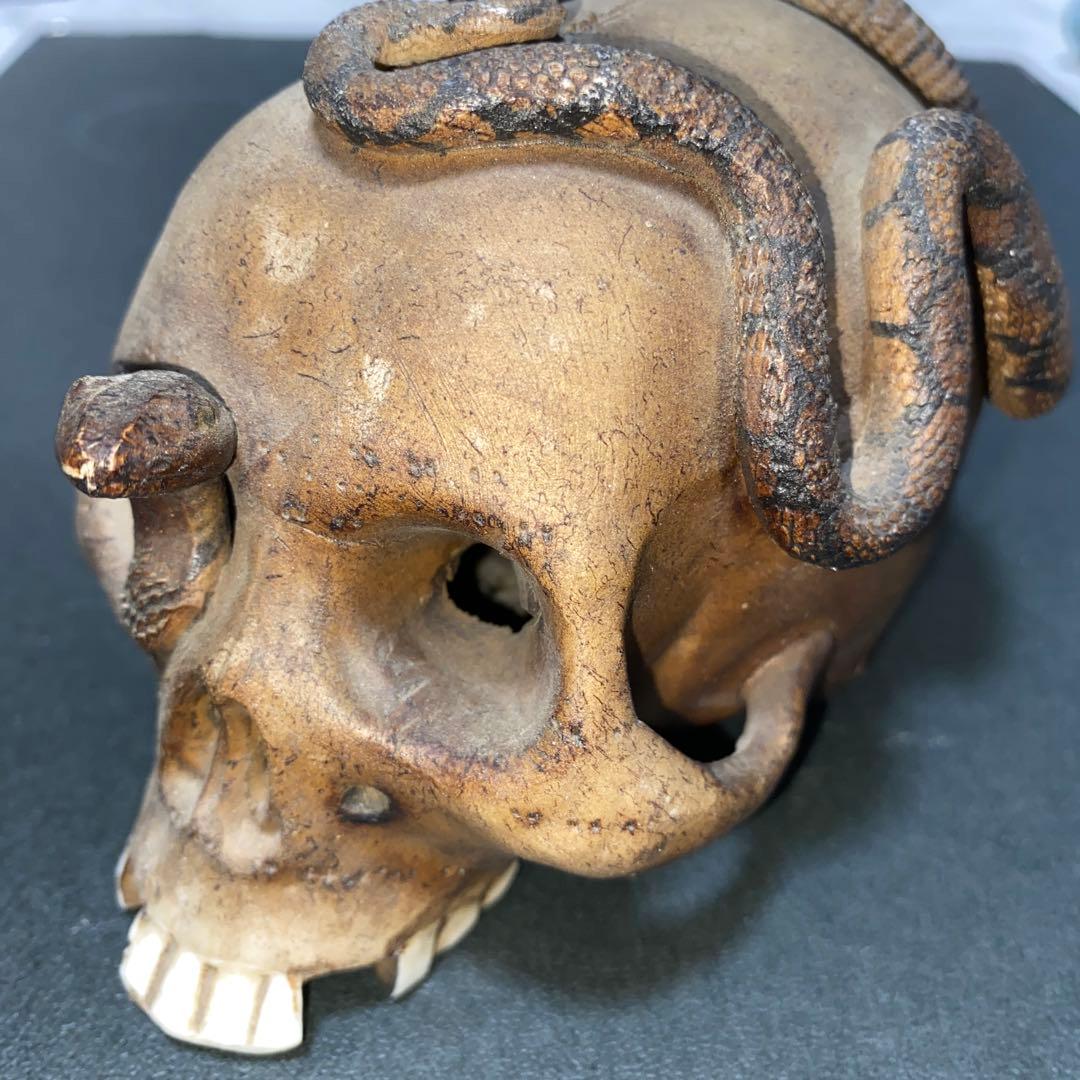 【珍品】ドクロ蛇髑髏　陶器製スカル置物 約10cm