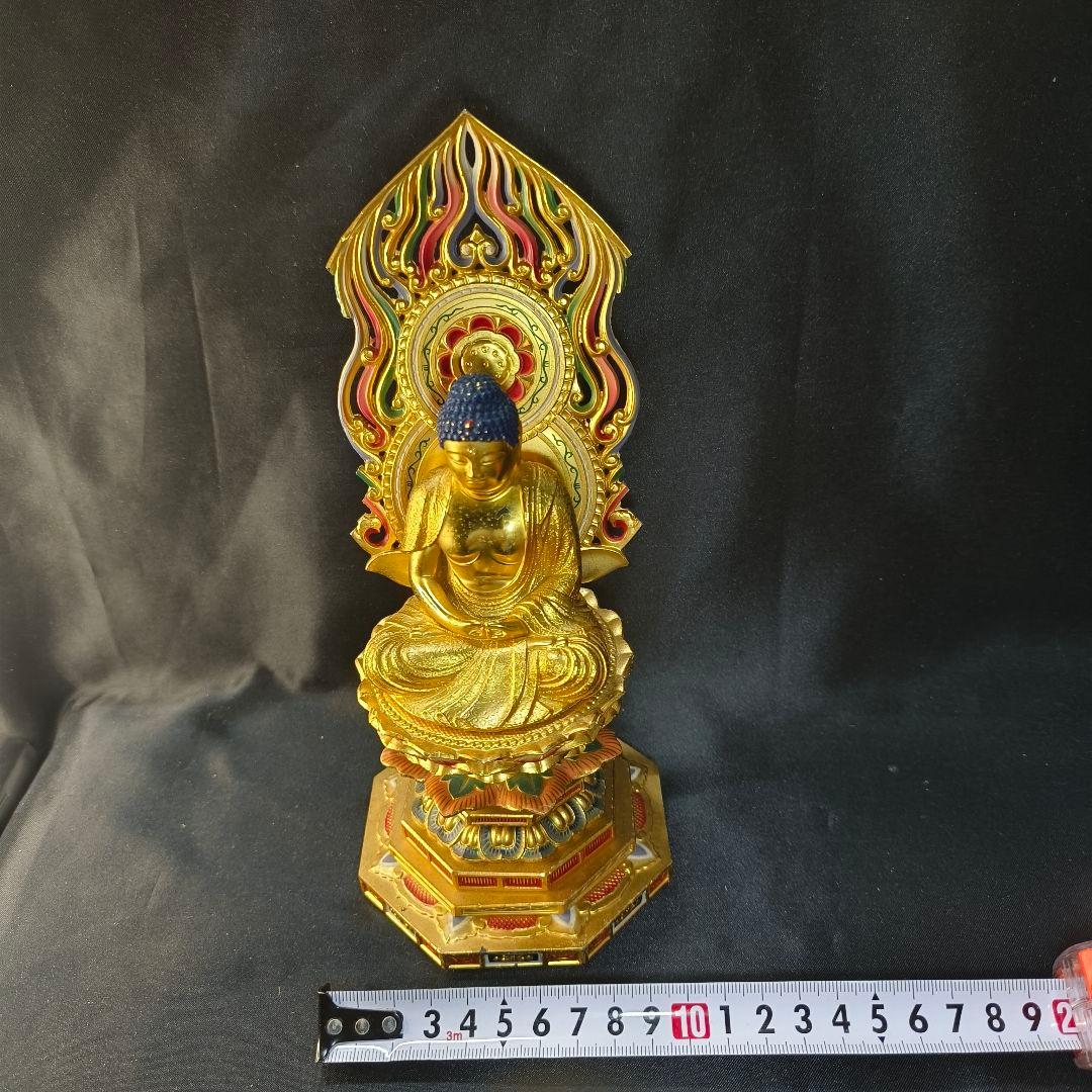 仏教美術 阿弥陀仏座像 銅製鍍金色彩仏像 時代物 旧家蔵出し コレクター放出美品