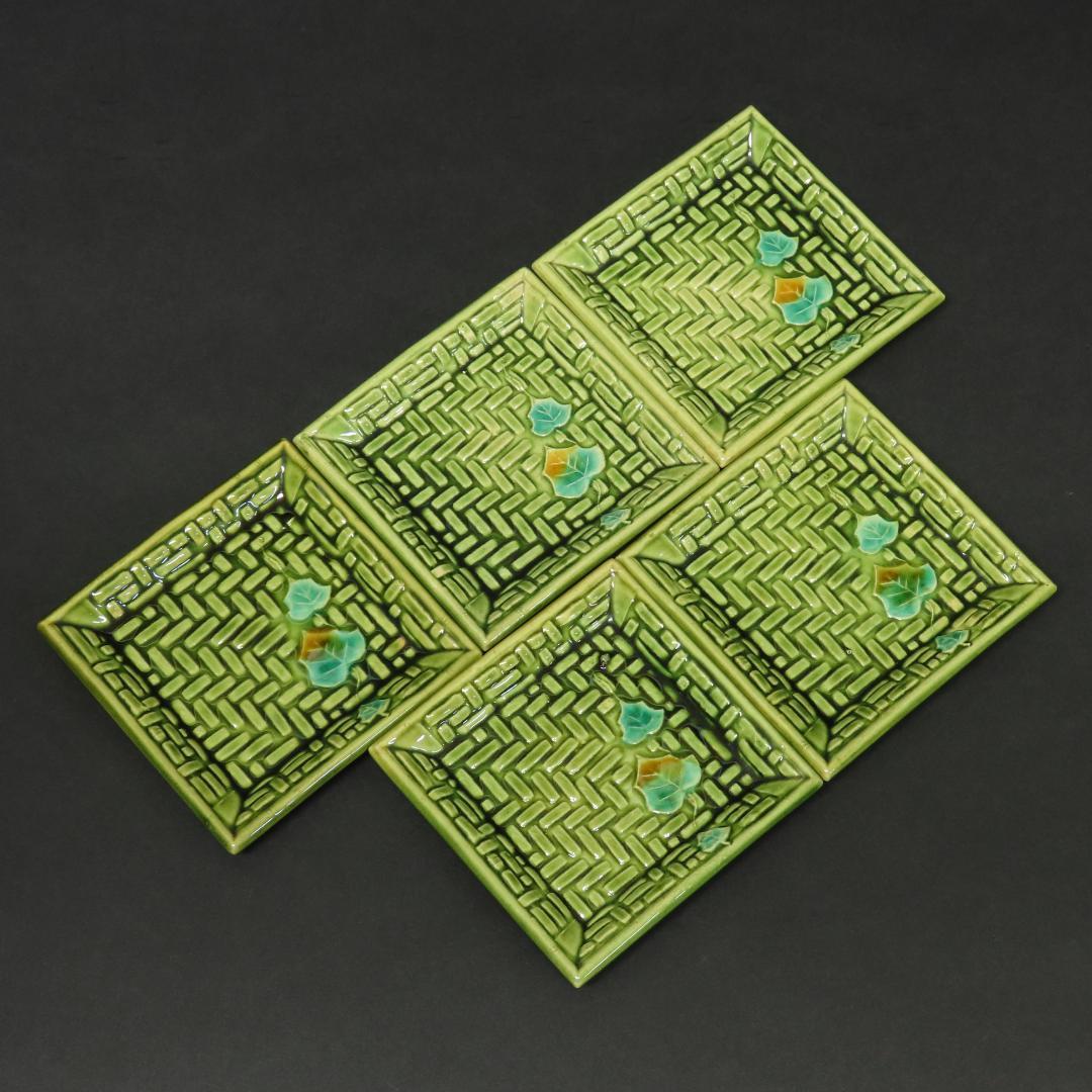 383 珉平焼 小皿豆皿５客 網代に蔦文様 幅9cm 幕末明治期/淡路焼 交趾焼