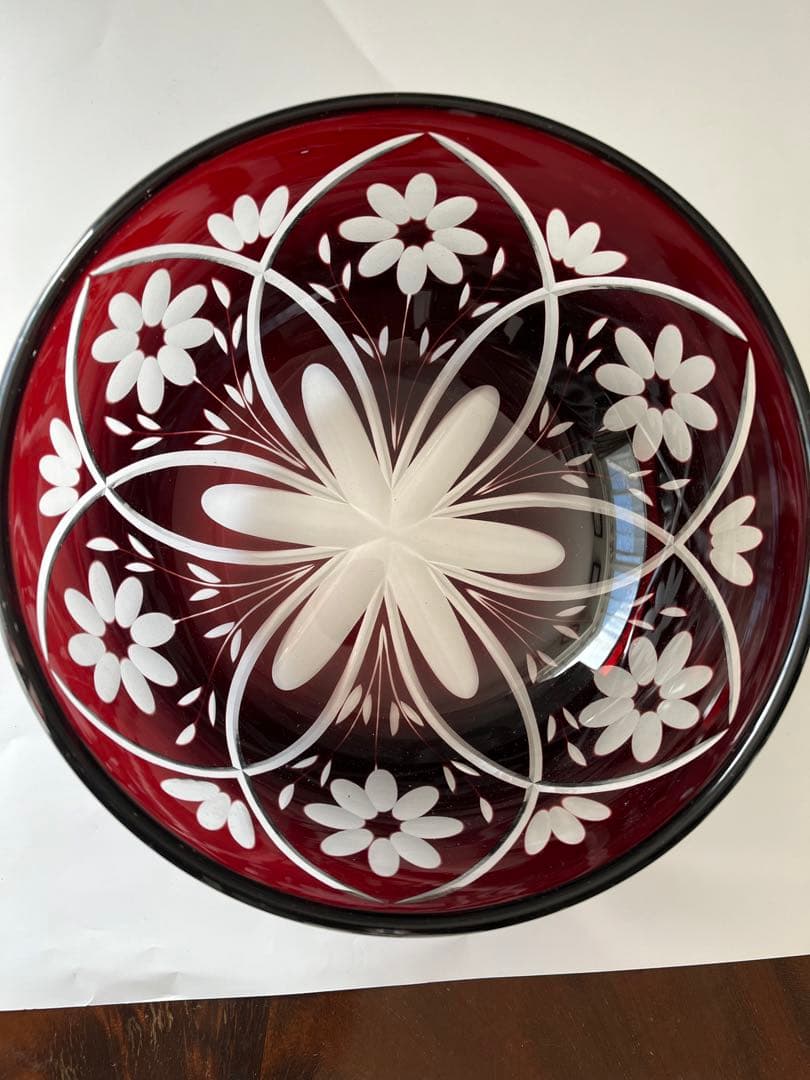 切り子　ボウル　カットガラス　ボール　被せガラス　大正浪漫　レトロ　器　お花模様