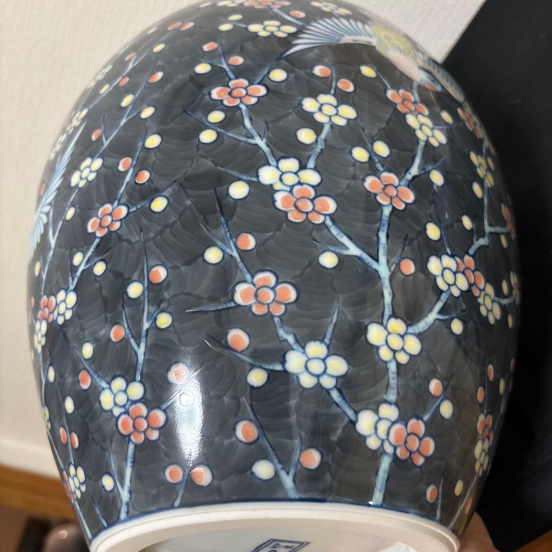 藤井朱明 壺 飾り壺 花器 日展人気作家 花瓶 有田焼 大き花鳥図高さ43cm