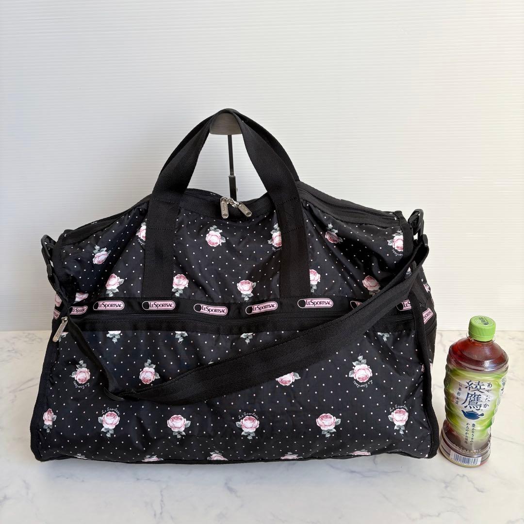 新品 レスポートサック ボストンバッグ ローズ＆ドット柄 黒 ピンク 2way