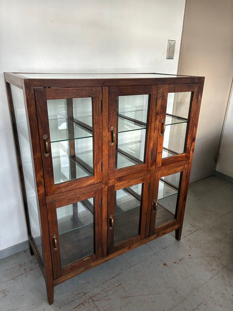チーク総無垢 ガラスパンケース6枚扉　ショーケース 店舗什器 ガラスケース