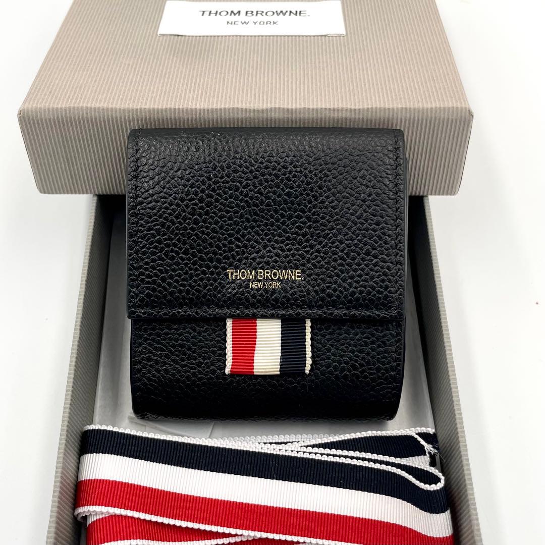 THOM BROWNE ケース　トリコロール　牛革　ブラック　箱付き