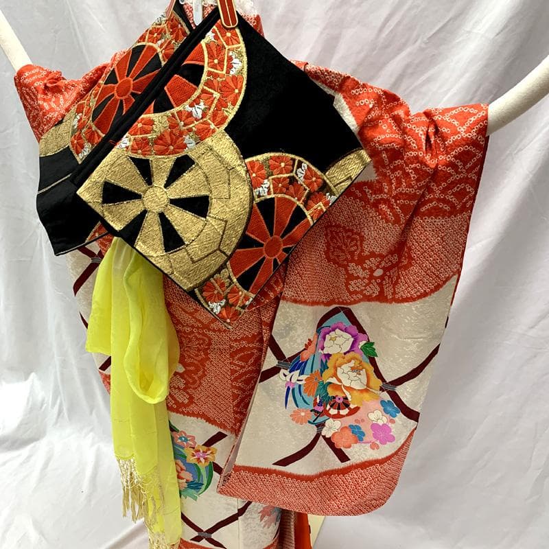 508ag74□七五三 七歳 女児 着物&六通袋帯 絞染め 花丸文□状態良好