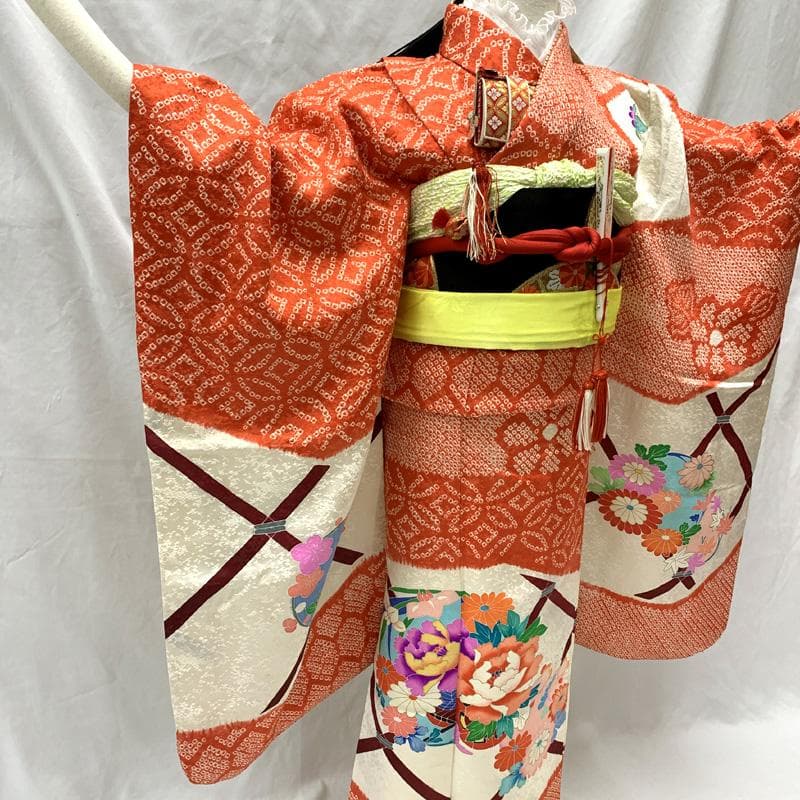 508ag74□七五三 七歳 女児 着物&六通袋帯 絞染め 花丸文□状態良好