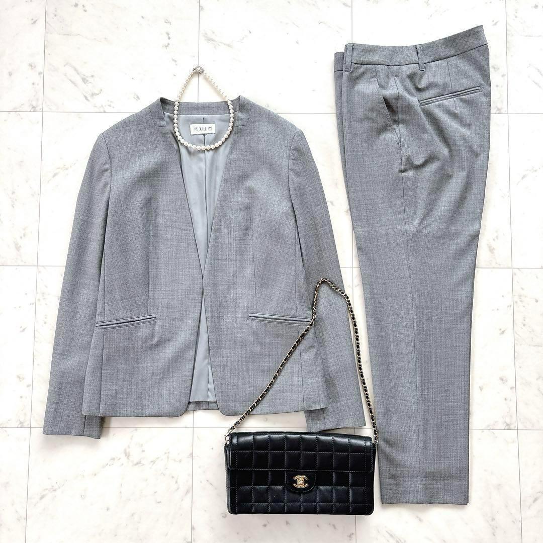 美品　プラステ　パンツスーツ　ノーカラー　グレー　セットアップ　フォーマル