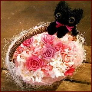 プリザーブドフラワー 黒ネコ アレンジメント バスケット