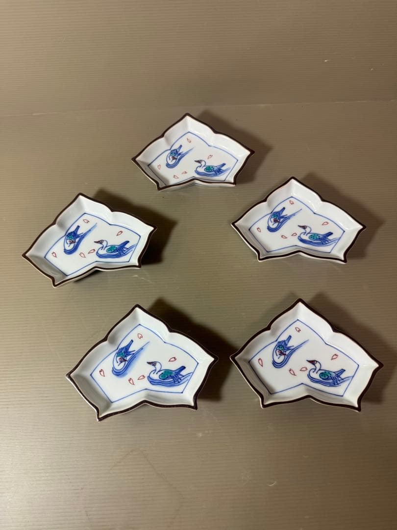 2927 有田焼 十四代 辻常陸 染錦水鳥文 変形皿5客 未使用