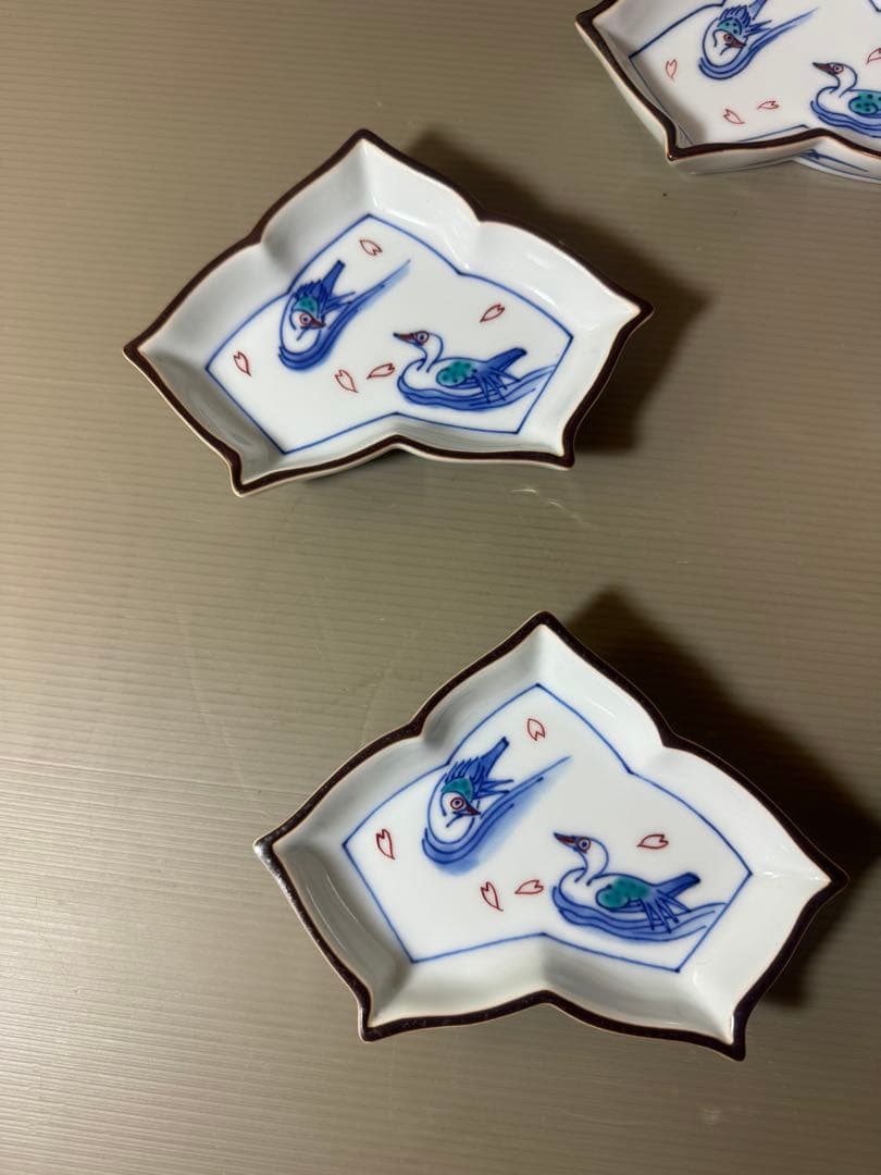 2927 有田焼 十四代 辻常陸 染錦水鳥文 変形皿5客 未使用