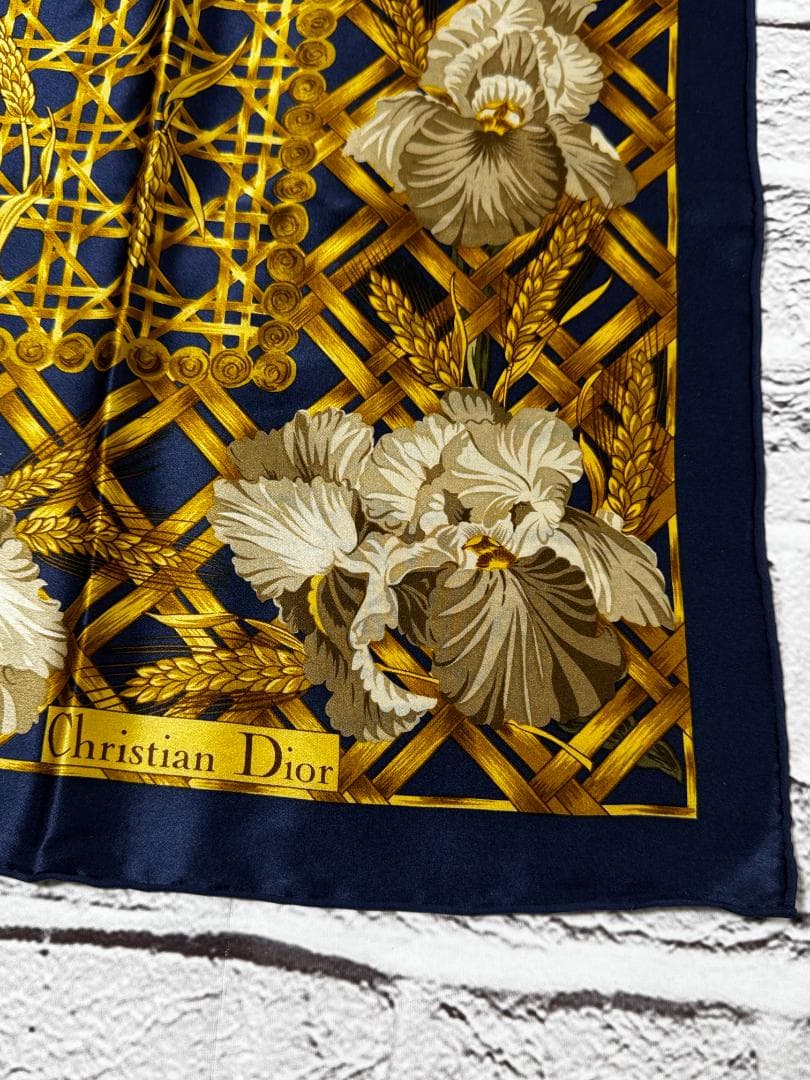 良品　Dior スカーフ　紺・黄　ｗ3325-1209-⑧-⑥