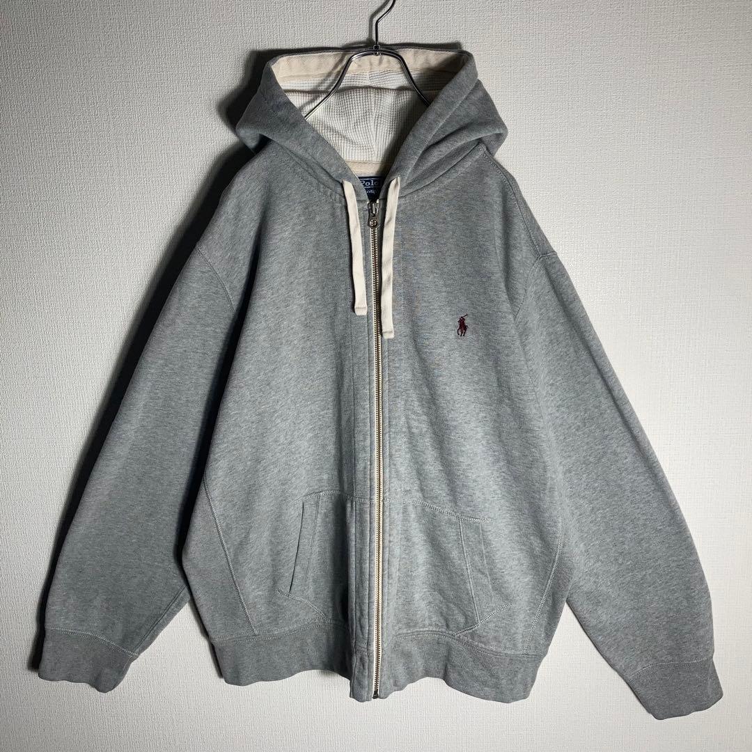 【肉厚】RALPH LAUREN フルジップ パーカー 刺繍ロゴ グレー 2XL