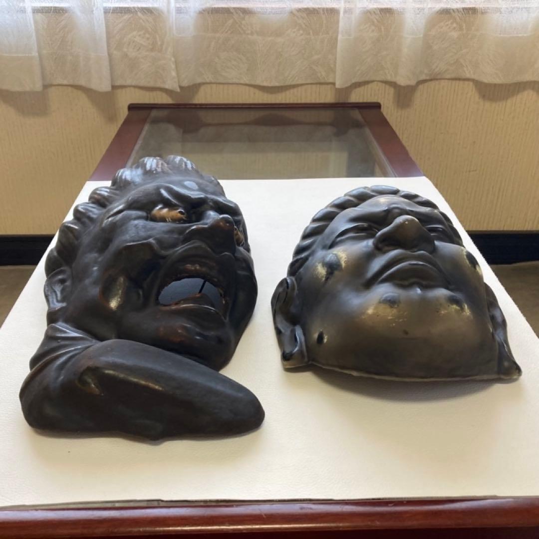 伐折羅大将 広目天⁇ お面 壁掛け 乾漆⁇ 仏教 美術 2点 骨董品 レトロ