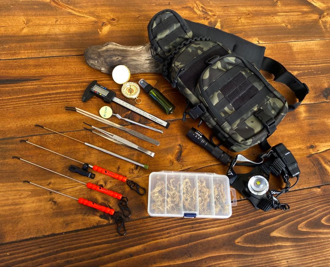 クワガタ採集セット　オリジナルかき出し棒　採集道具　迷彩柄　採集ケース　オレンジ