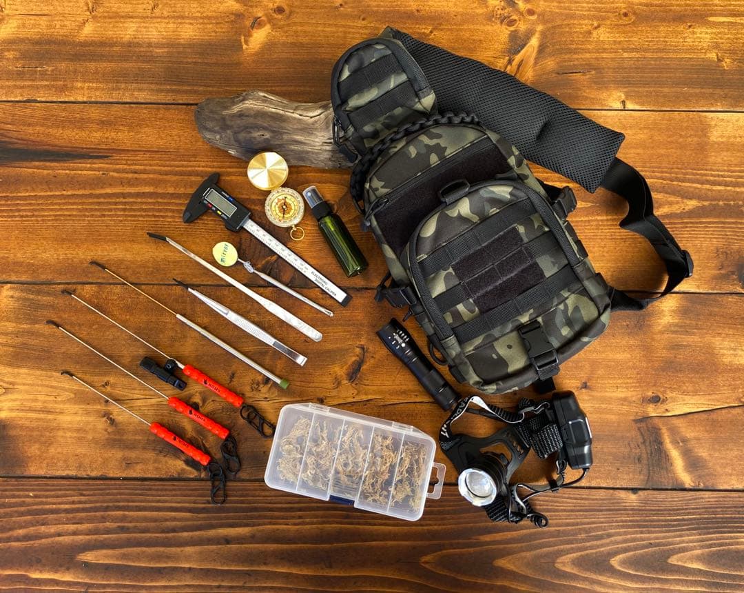 クワガタ採集セット　オリジナルかき出し棒　採集道具　迷彩柄　採集ケース　オレンジ