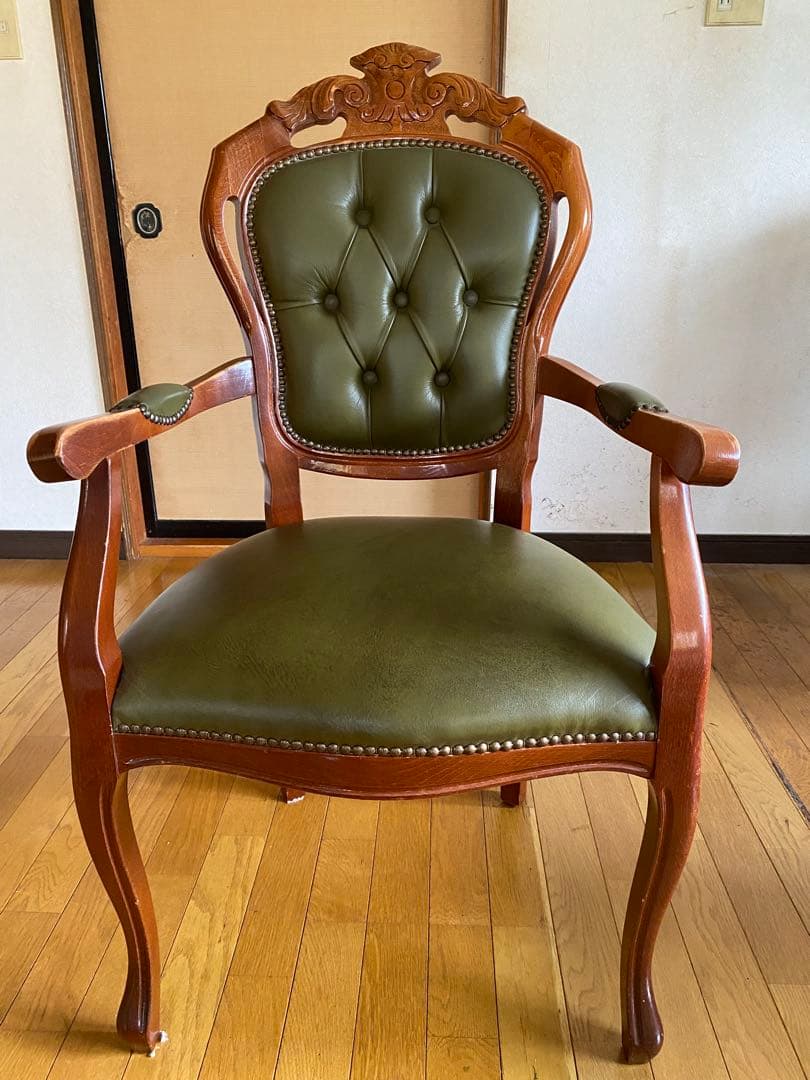 【高級アンティーク調】ダイニングチェア木製 グリーン 合皮 手すり付き⑤