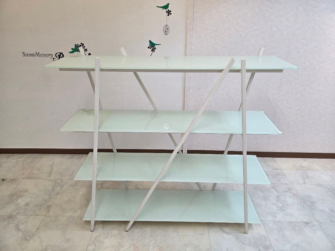 ホワイトスチールラック 4段 ガラス棚