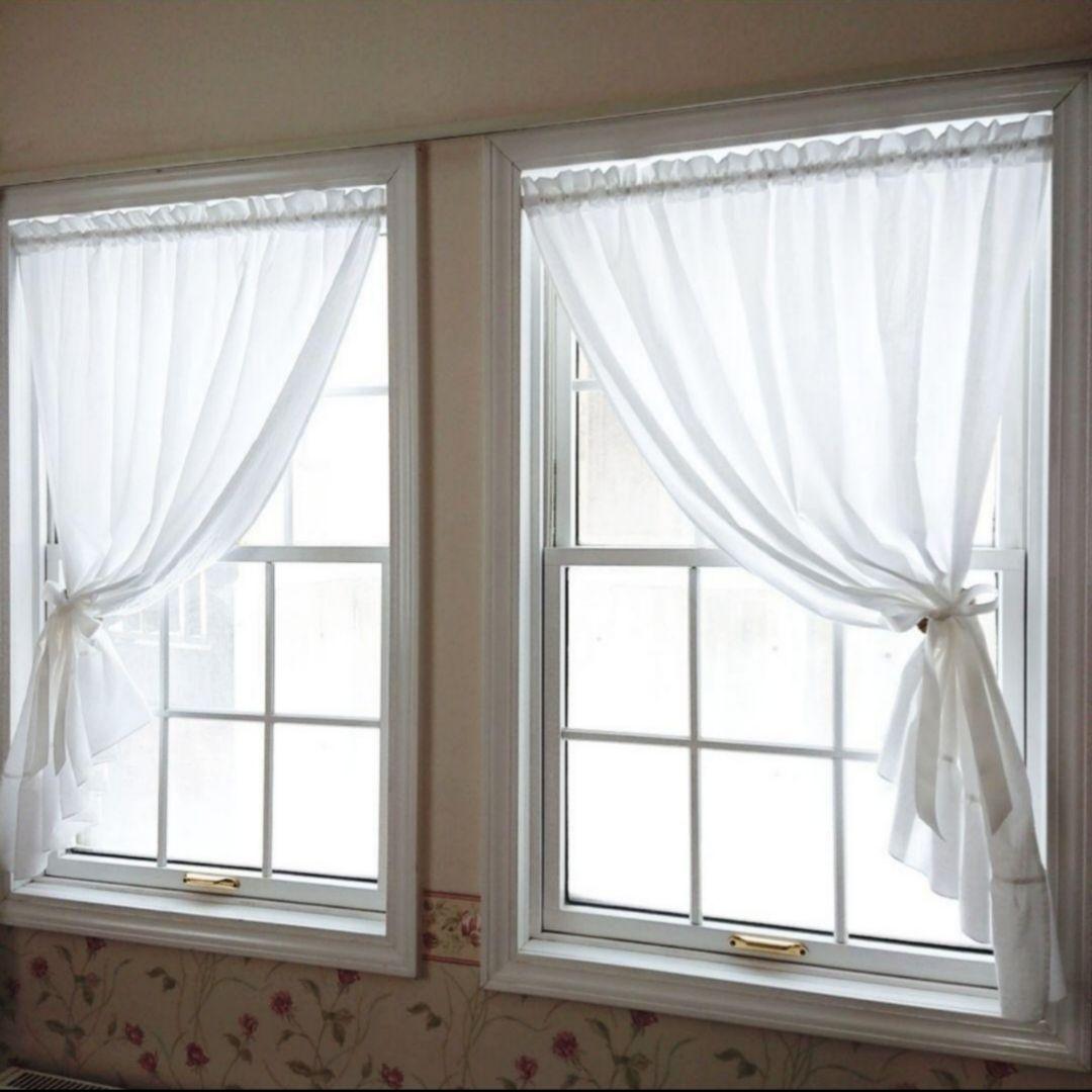 ホワイトコットン♪両開きフリルカフェカーテン♡︎サテンリボンクリップ付き