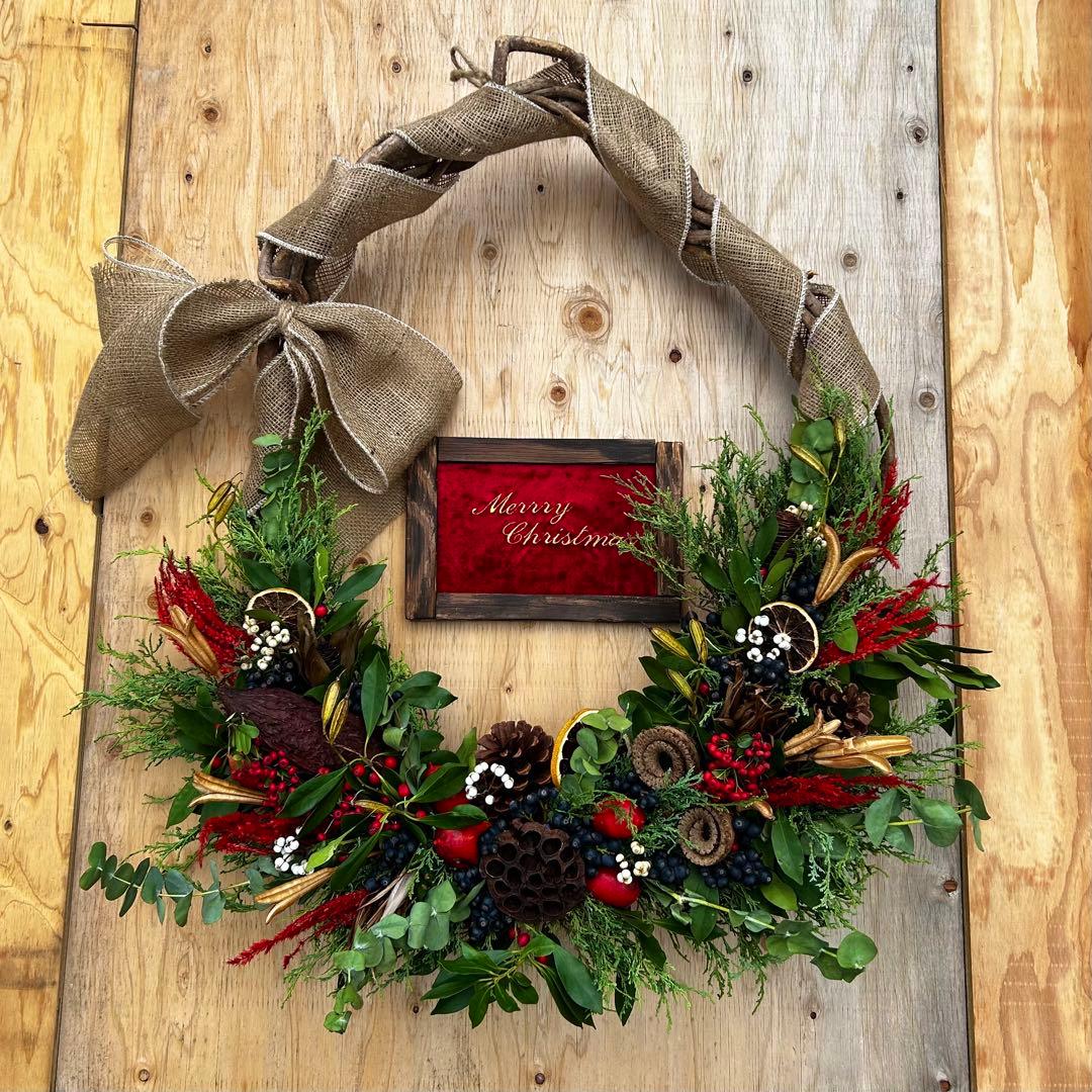 特大クリスマスリース天然生リースフレッシュナチュラルドライフラワー店舗リネン