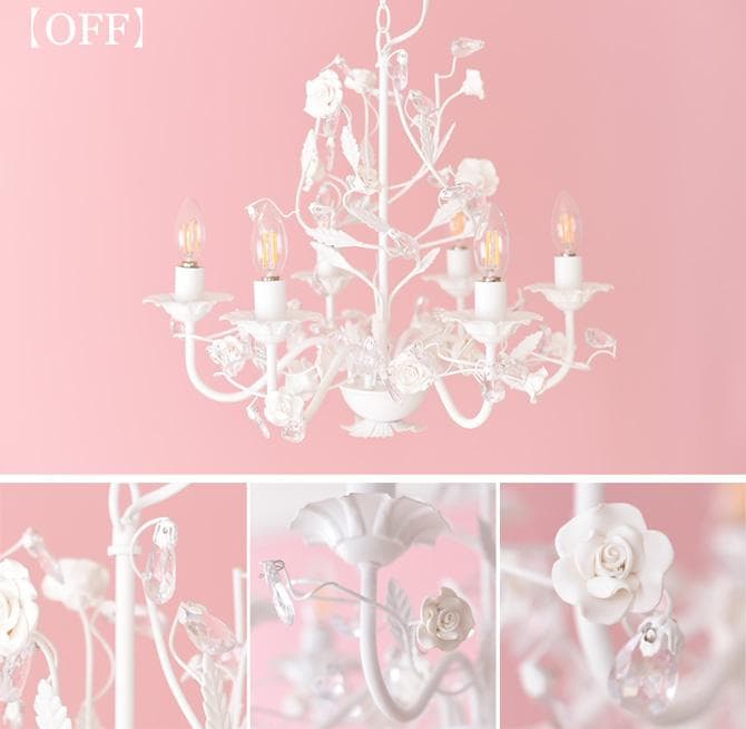 【LED電球付き】6灯ホワイトローズシャンデリア