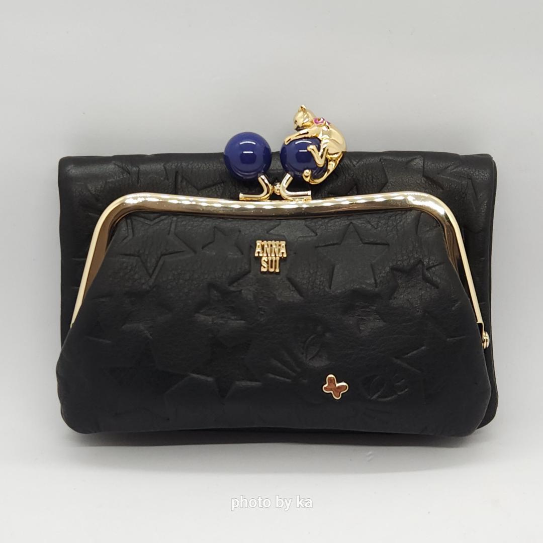 ブラック 新品 アナスイ ANNA SUI がま口 折り財布 プレイングキャット