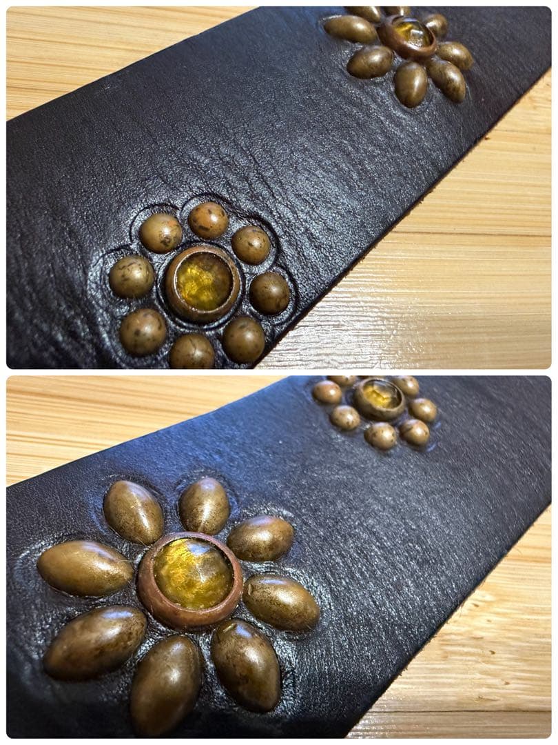 美品⭐️HTC⭐️アンバー石⭐️フラワーベルト⭐️Dブラウンレザー×ブラススタッズ⭐️34