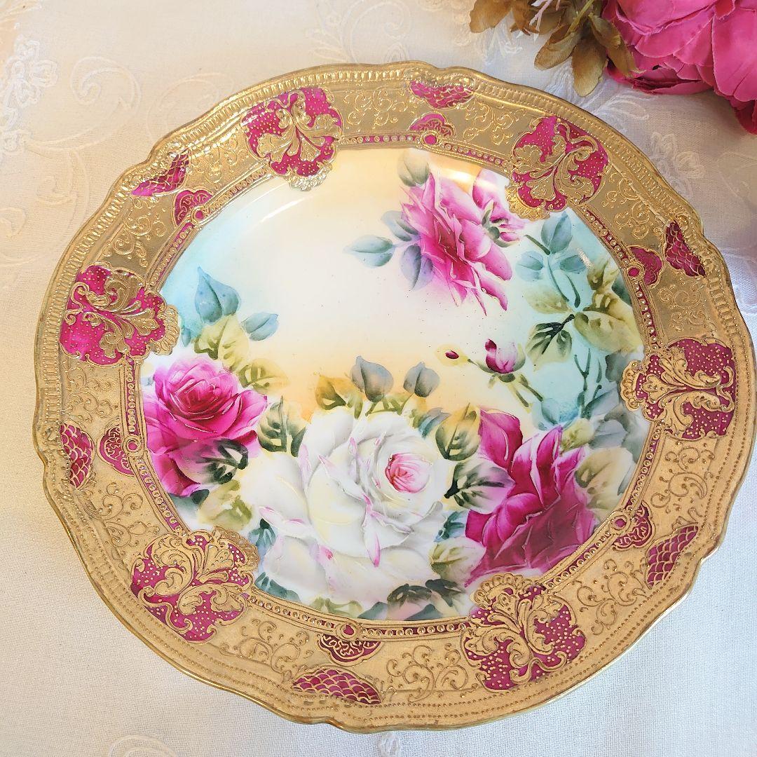 オールドノリタケ　大皿　飾皿　薔薇金盛
