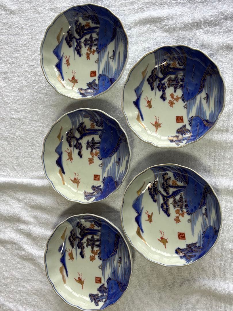 古伊万里　染錦風景画五寸皿5枚セット　なます皿　アンティーク骨董品