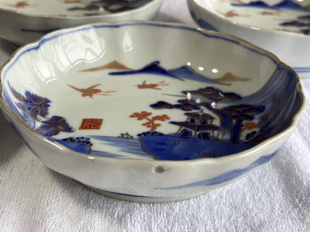 古伊万里　染錦風景画五寸皿5枚セット　なます皿　アンティーク骨董品