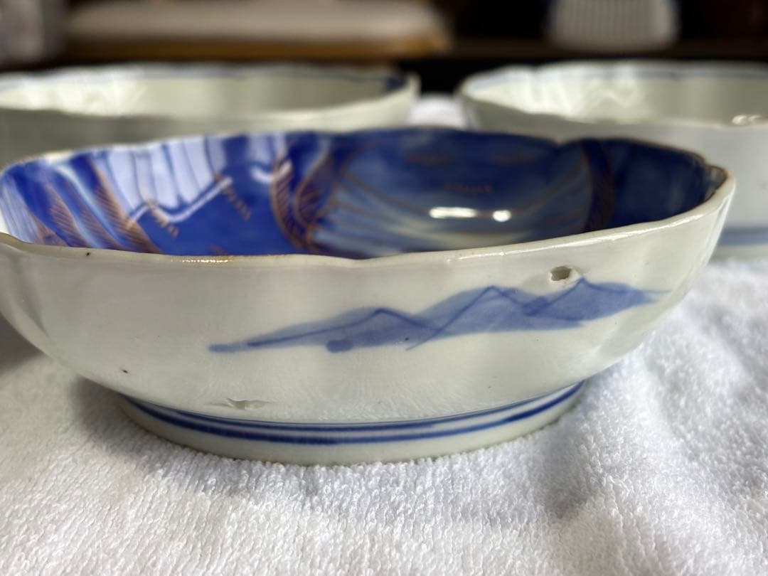 古伊万里　染錦風景画五寸皿5枚セット　なます皿　アンティーク骨董品