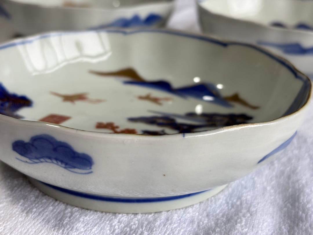 古伊万里　染錦風景画五寸皿5枚セット　なます皿　アンティーク骨董品