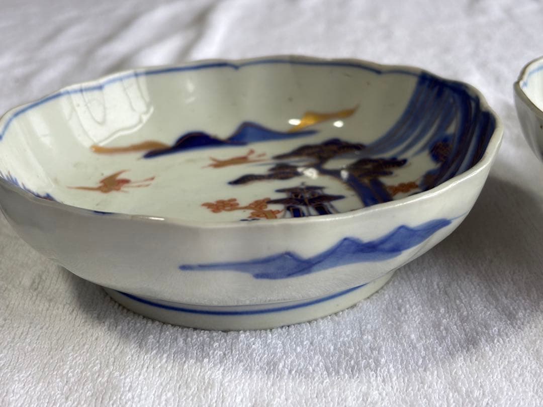 古伊万里　染錦風景画五寸皿5枚セット　なます皿　アンティーク骨董品