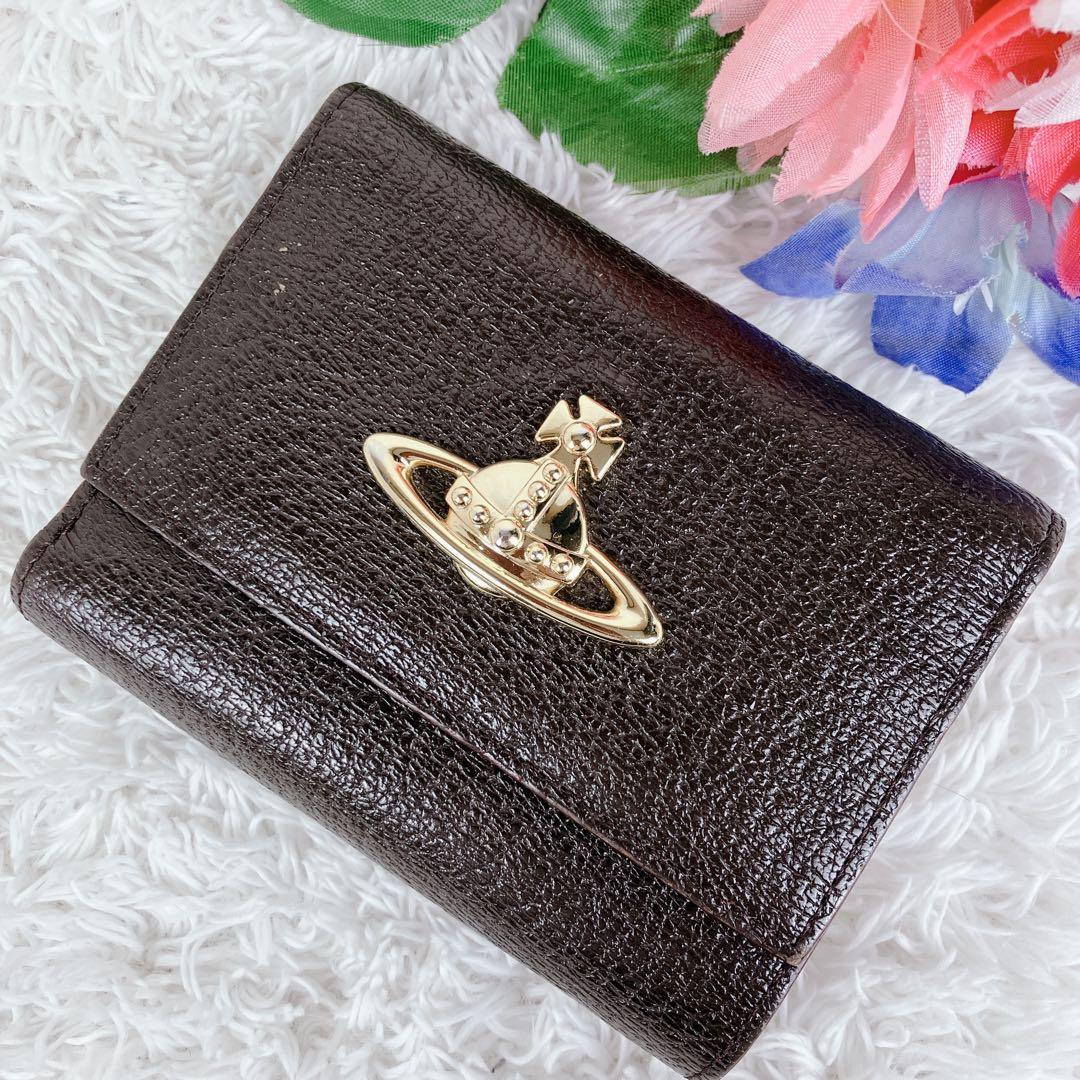 極美品✨ヴィヴィアンウエストウッド 三つ折り財布 ブラウンがま口 ビッグオーブ